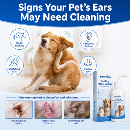 🐾 Pawzioo Soothing Pet Ear Cleanser – Gentle Wax, Odor & Itchy Ear Care for Dogs & Cats 💙